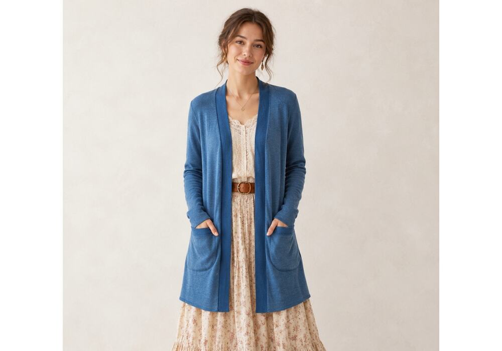 Women’s Blue Open-Front Longline Cardigan with Pockets Size XL